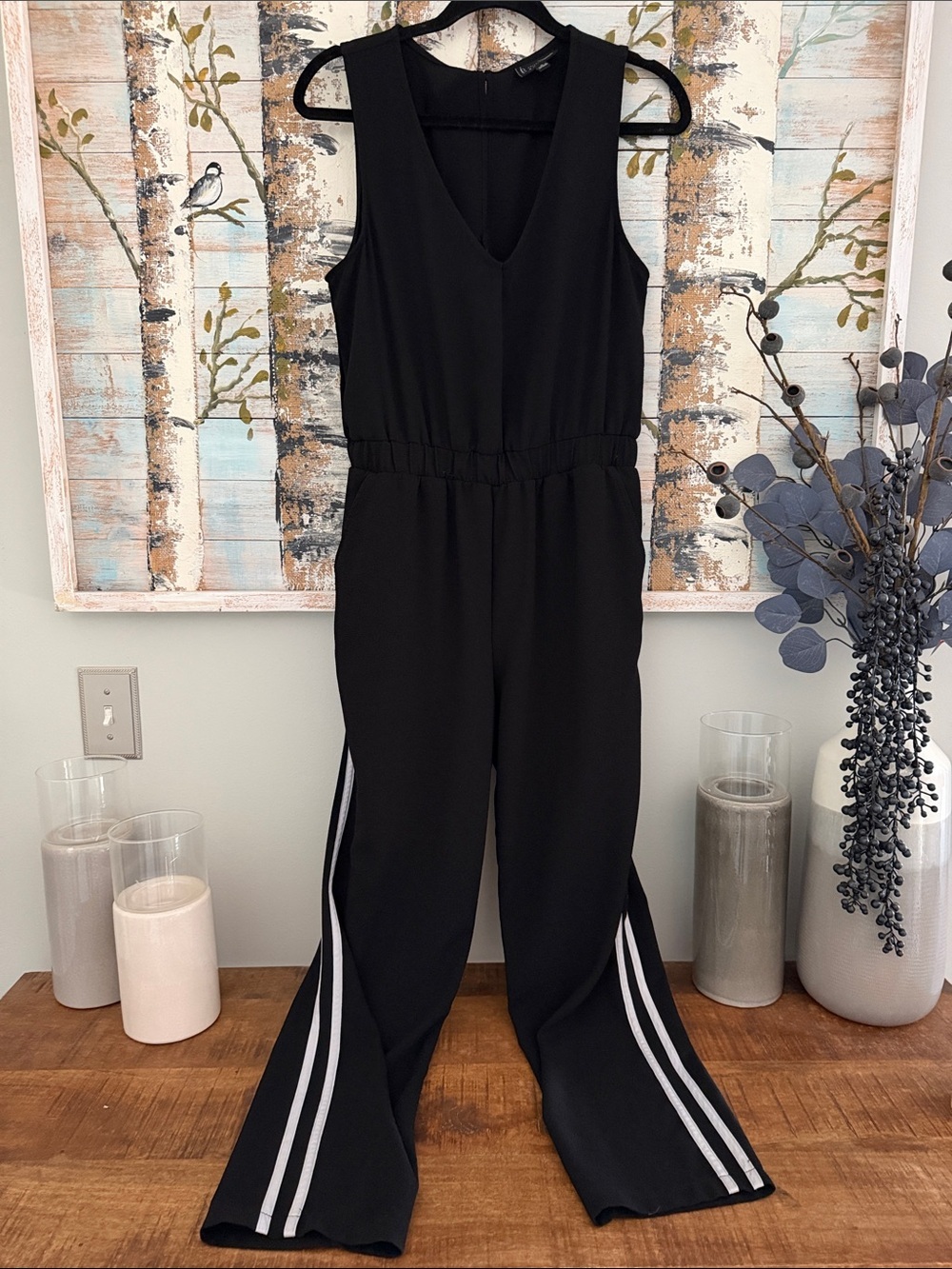 bobeau Black Sleeveless V-Neck Jumpsuit with White Side Stripes